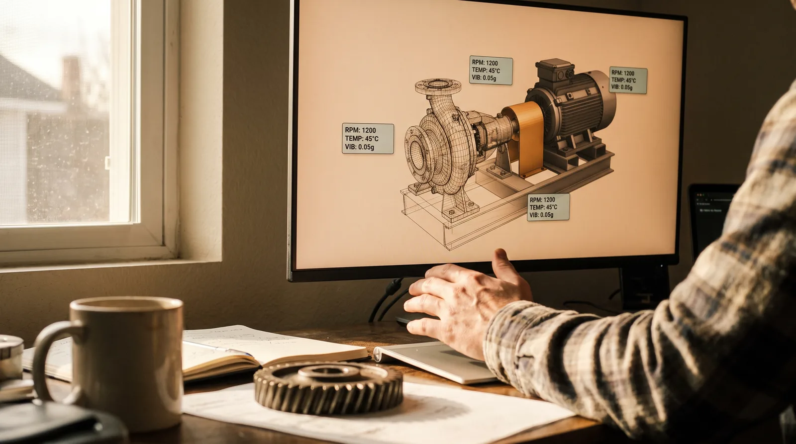 A digital twin: a live 3D model of a pump assembly on screen next to the physical part it mirrors